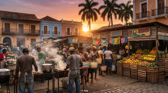Marché local dominicain animé avec des vendeurs de fruits tropicaux et de plats traditionnels