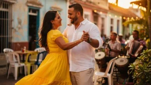 Couple dansant le merengue lors d'une fête traditionnelle dominicaine avec musiciens et ambiance festive