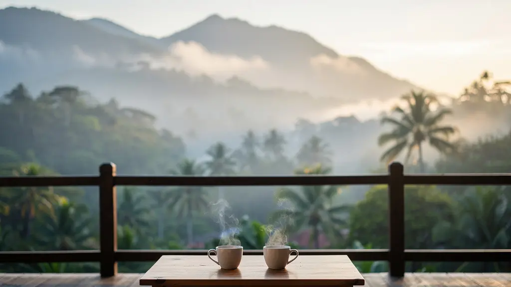 Vue environnementale d'une terrasse dominicaine au petit matin avec table de café