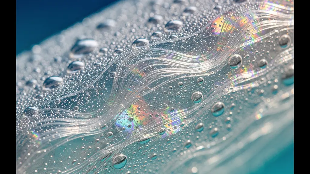 Détail microscopique de la couche de mucus protecteur sur la peau d'un cétacé avec effet de lumière naturelle