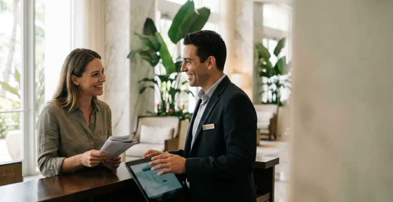 Client négociant un upgrade avec le concierge d'un hôtel de luxe