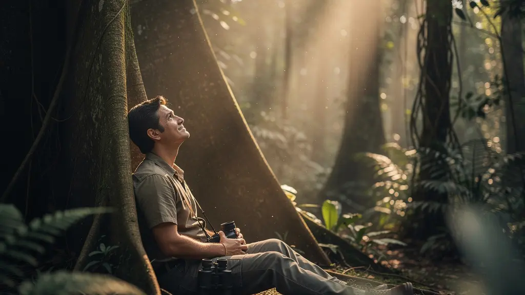 Personne assise immobile observant la canopée de la forêt tropicale