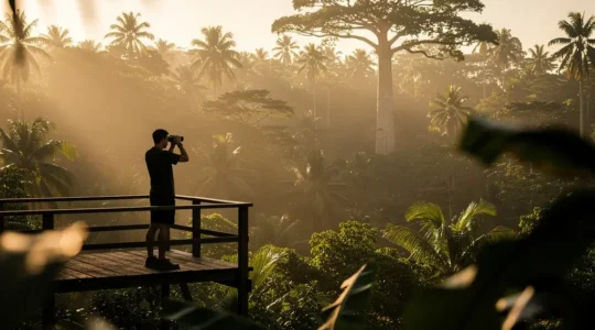 Observateur immobile avec jumelles dans une forêt tropicale au crépuscule