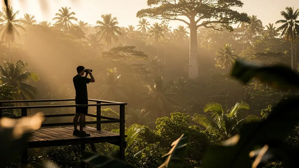 Observateur immobile avec jumelles dans une forêt tropicale au crépuscule