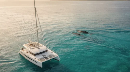 Vue aérienne d'un catamaran respectant la distance réglementaire face à une baleine à bosse et son baleineau dans les eaux turquoises de la baie de Samaná