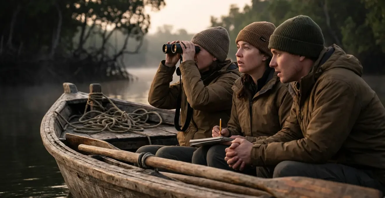 Petit groupe observant discrètement la nature depuis une embarcation traditionnelle