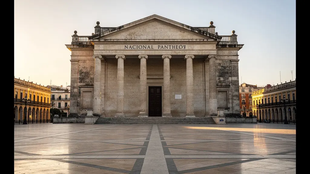 Vue grand angle du Panthéon National au petit matin avec ses colonnes imposantes et l'espace dégagé de la Plaza de España baigné dans une lumière douce