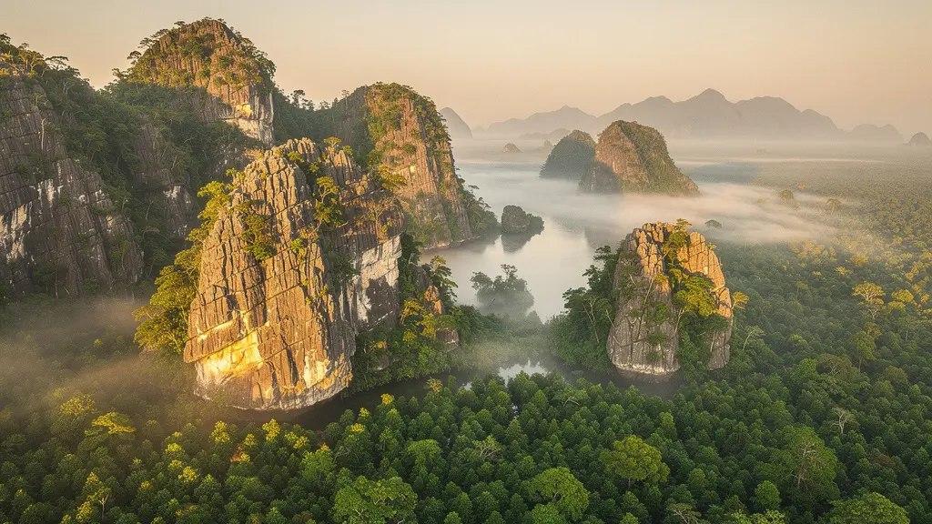 Vue aérienne du parc national Los Haitises avec ses îlots rocheux émergeant de mangroves luxuriantes sous la lumière dorée du matin