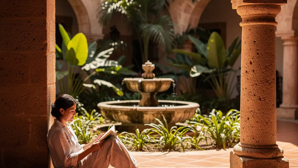Patio colonial avec fontaine centrale et végétation tropicale créant un microclimat frais