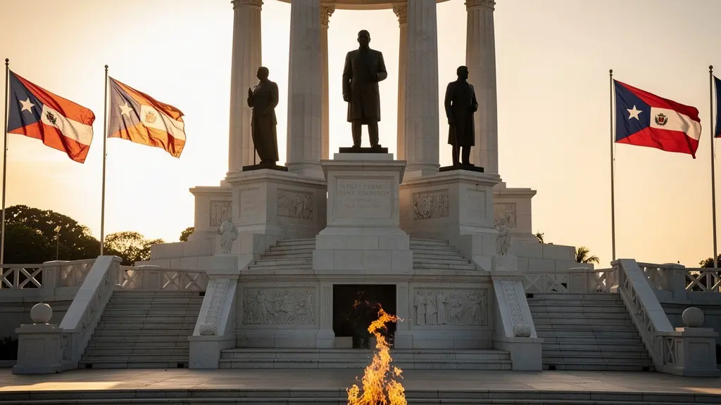 Monument mausolée de marbre blanc avec statues des trois pères fondateurs dominicains, flamme éternelle et drapeau national