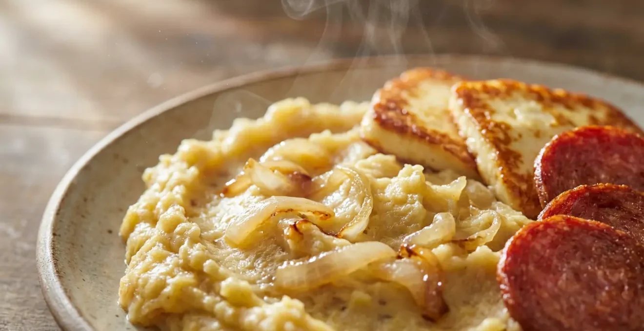 Assiette traditionnelle de mangú avec les tres golpes sur une table en bois