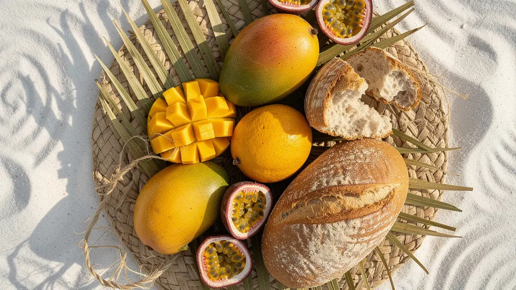 Composition de produits locaux dominicains disposés sur une nappe de plage avec vue sur la mer