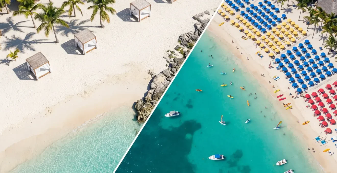 Vue aérienne d'une plage de Punta Cana montrant le contraste entre une zone exclusive calme et une zone touristique bondée