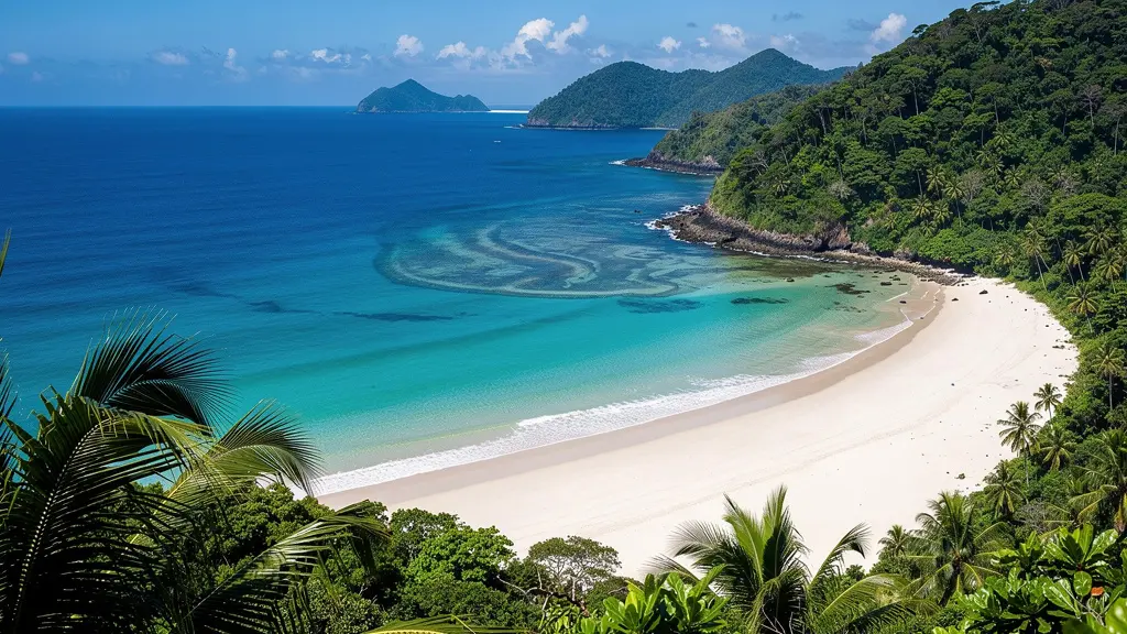 Vue aérienne de Playa Rincon avec ses eaux turquoise et sa plage de sable blanc bordée de palmiers