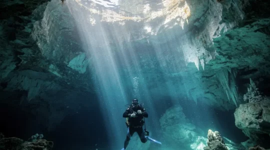 Plongeur explorant un cénote illuminé en République dominicaine avec équipement de sécurité