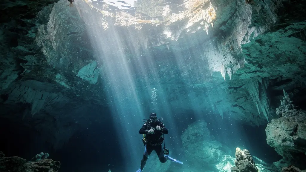 Plongeur explorant un cénote illuminé en République dominicaine avec équipement de sécurité