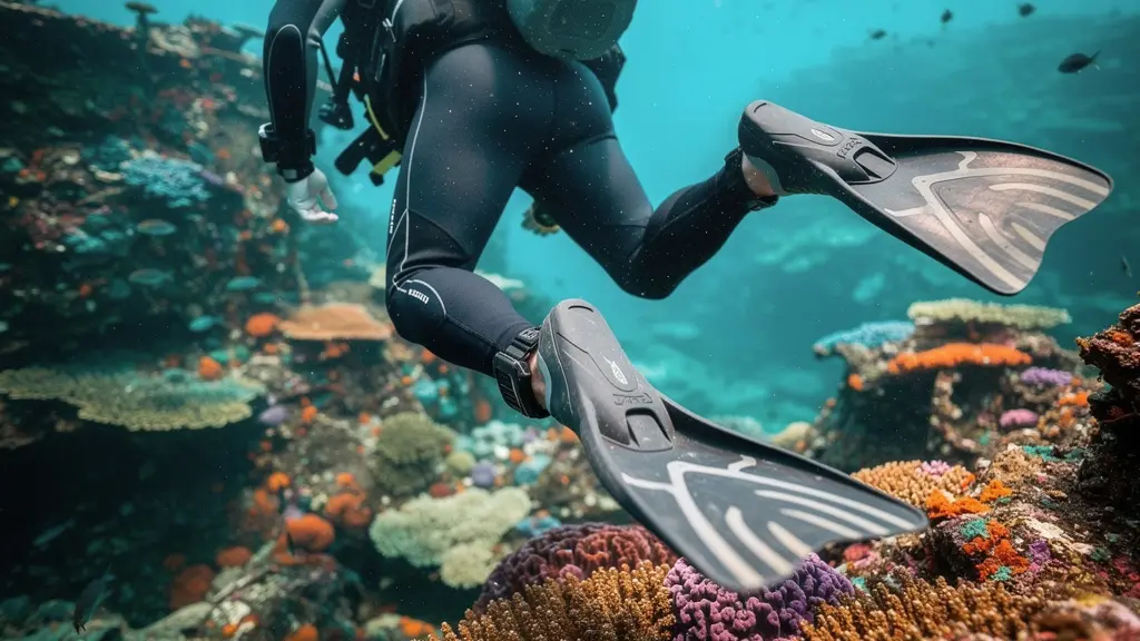 Plongeur exécutant la technique de palmage frog kick au-dessus d'un récif