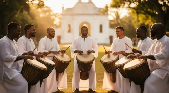 Tambours de cérémonie et procession spirituelle dans un village dominicain avec lumière dorée