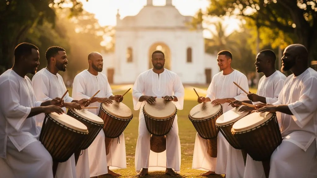 Tambours de cérémonie et procession spirituelle dans un village dominicain avec lumière dorée