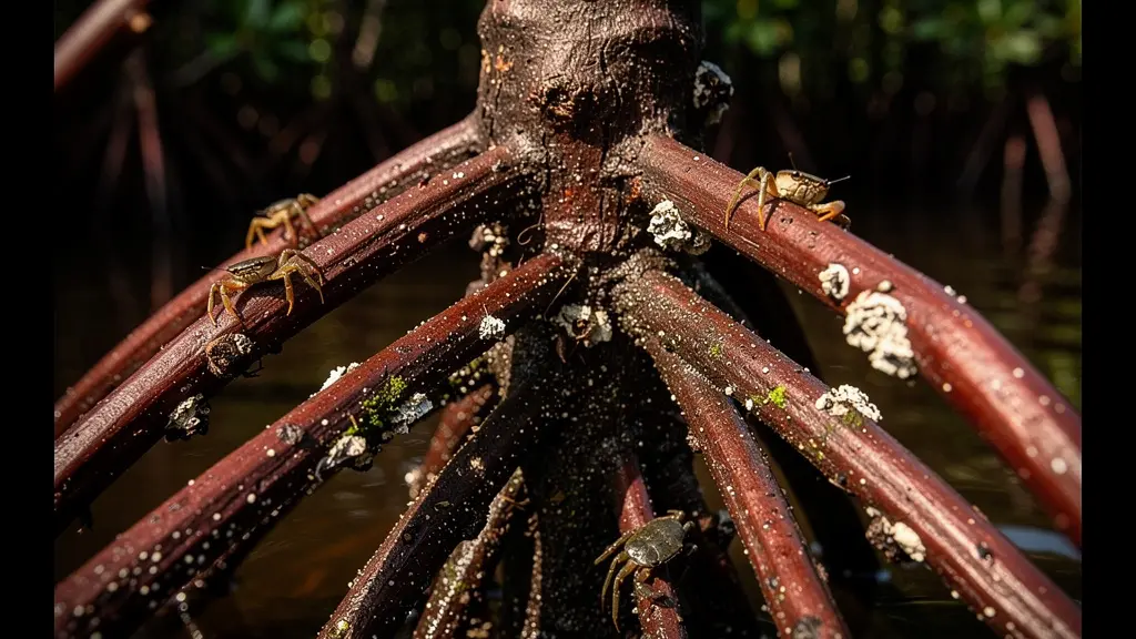Détail macro des racines-échasses entrelacées d'un palétuvier rouge