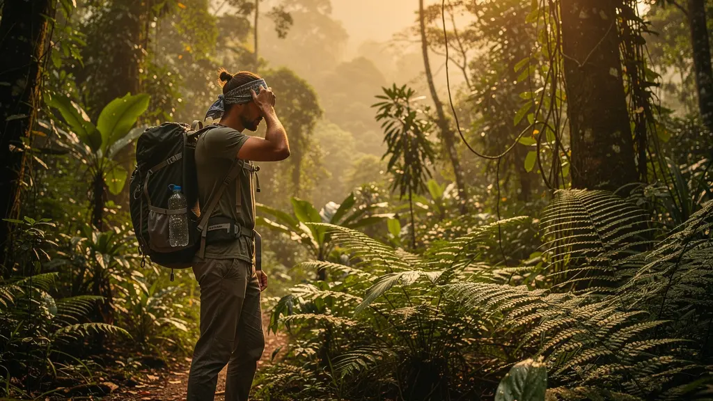 Randonneur en forêt tropicale dominicaine se protégeant de la chaleur
