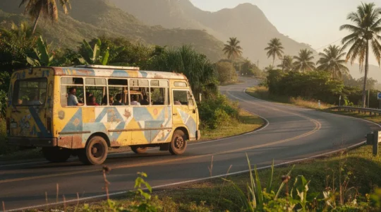 Minibus coloré rempli de voyageurs sur une route tropicale