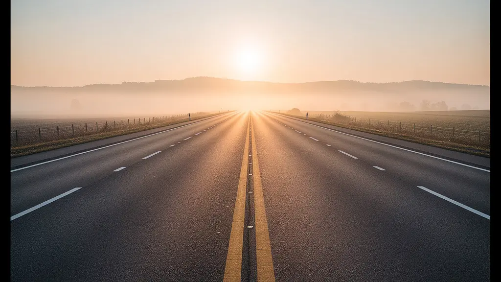Route déserte au lever du soleil avec lumière dorée et paysage paisible