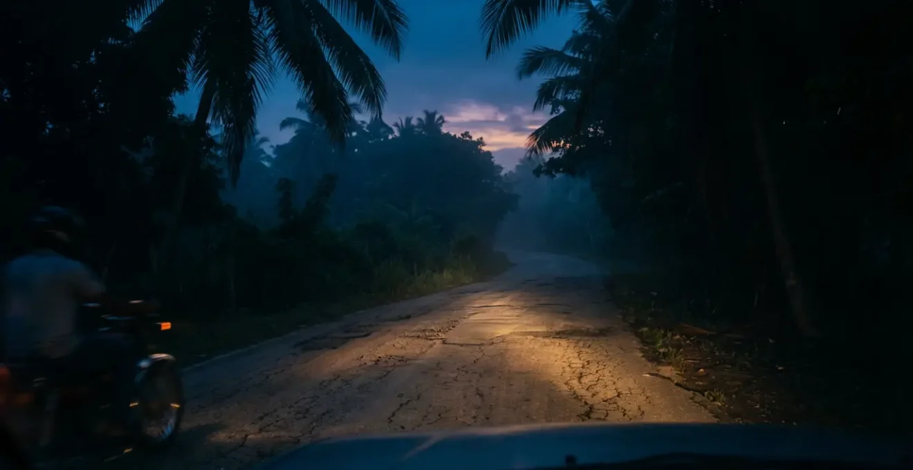 Route secondaire au crépuscule avec phares de voiture éclairant faiblement le chemin en République Dominicaine