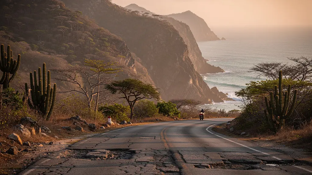 Route côtière traversant un paysage sauvage du sud-ouest dominicain avec montagnes et mer turquoise