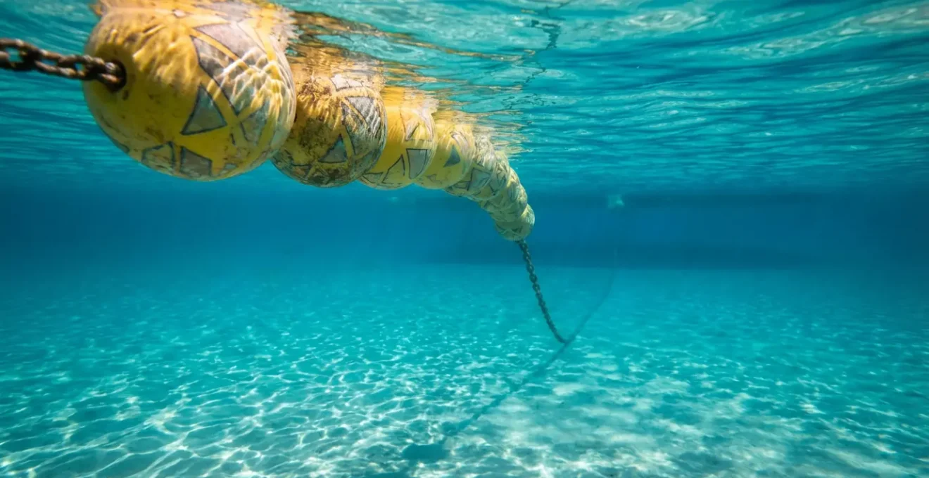 Vue sous-marine montrant les bouées de délimitation de zone de baignade et un chenal d'accès sécurisé