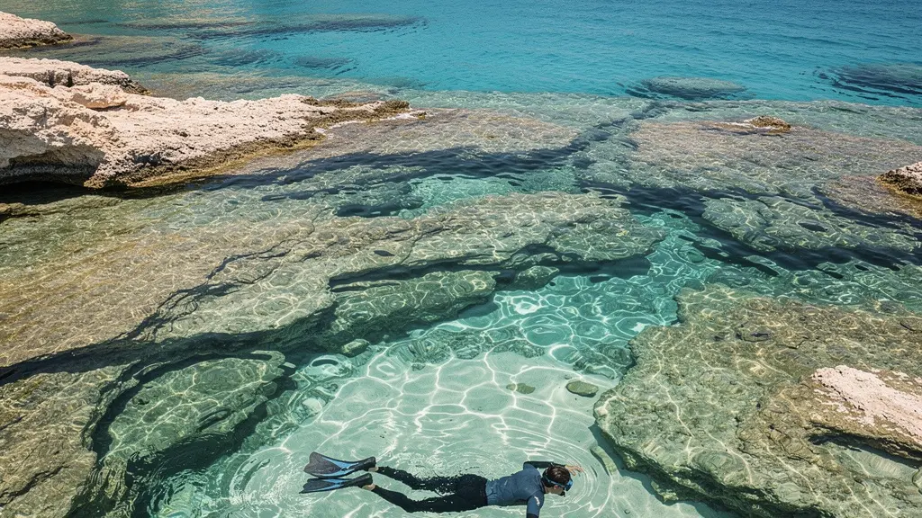 Vue en plongée d'un snorkeleur explorant des eaux turquoise cristallines près des rochers avec coraux colorés et poissons tropicaux