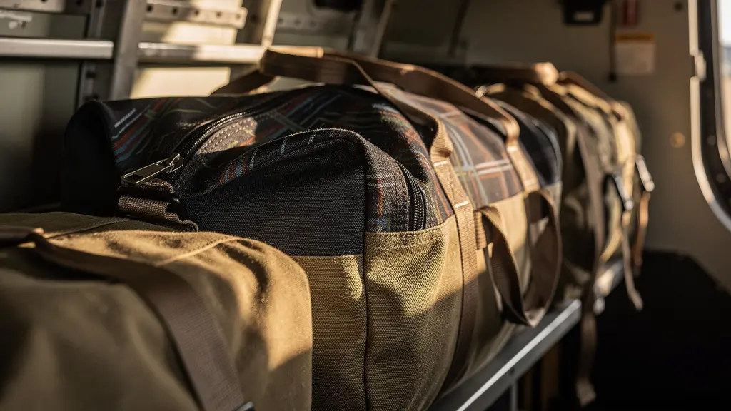 Vue macro de l'intérieur d'une soute d'avion léger avec sacs de voyage souples parfaitement rangés