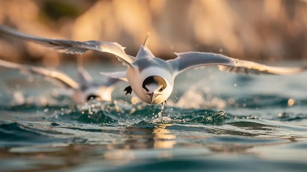 Oiseaux marins plongeant dans l'eau avec remous en surface révélant la présence de poissons