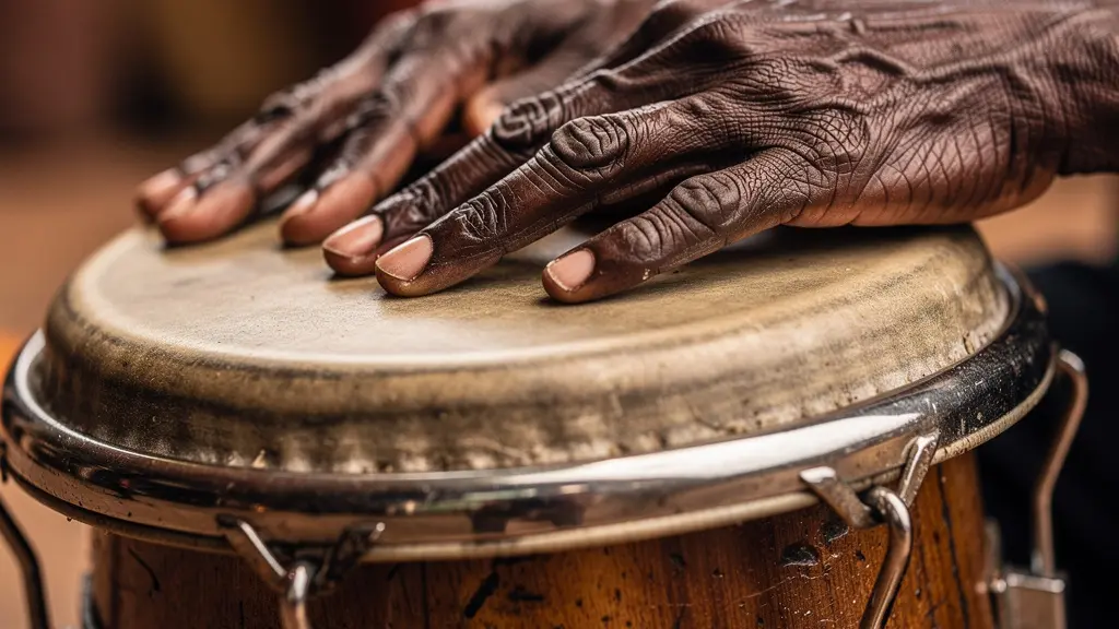 Gros plan macro sur les mains d'un maître tambourinaire frappant un tambour palo traditionnel