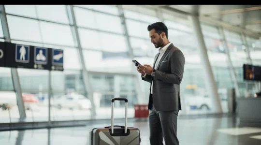Voyageur professionnel avec valise dans un hall d'aéroport moderne vérifiant son téléphone