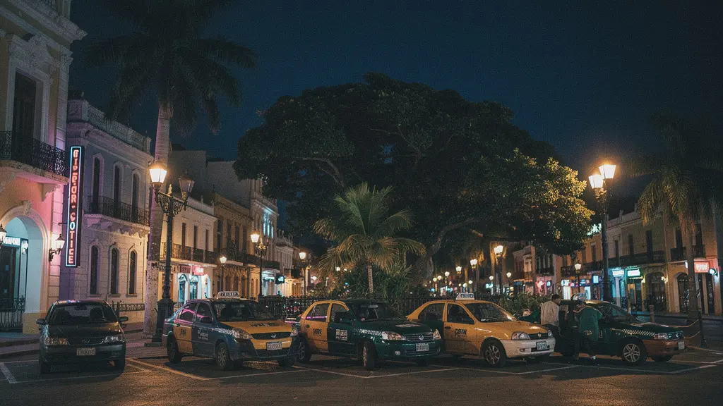 Vue nocturne d'une rue de Saint-Domingue avec des taxis officiels stationnés