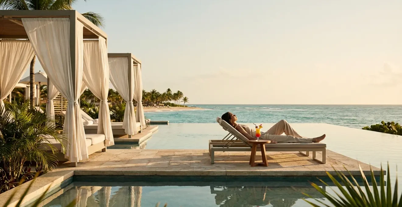 Vacancier profitant d'une piscine dans un resort tout inclus avec vue paradisiaque