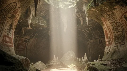 Pétroglyphes taïnos illuminés dans une grotte sacrée de la République Dominicaine
