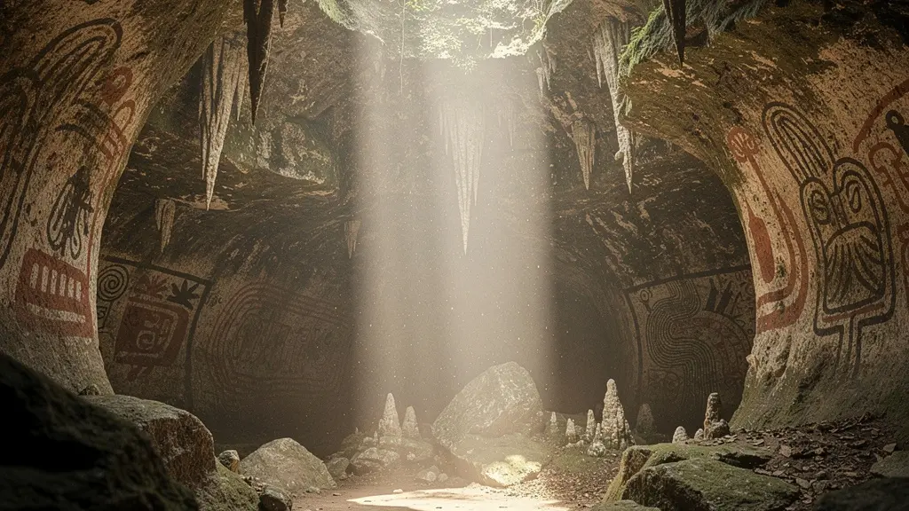 Pétroglyphes taïnos illuminés dans une grotte sacrée de la République Dominicaine