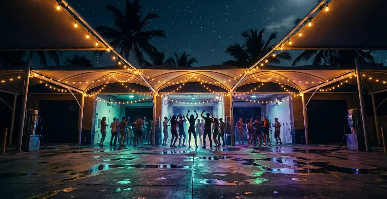 Station de lavage transformée en lieu de fête nocturne avec ambiance lumineuse