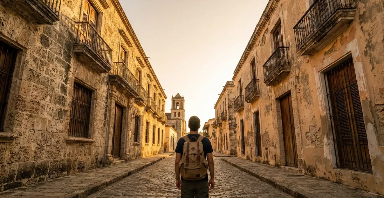 Visiteur contemplant l'architecture coloniale de Saint-Domingue dans la lumière dorée du soir