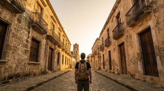 Visiteur contemplant l'architecture coloniale de Saint-Domingue dans la lumière dorée du soir