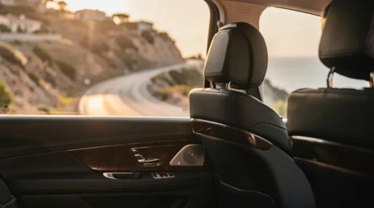 Voyageur élégant dans un véhicule premium avec intérieur luxueux et vue sur une route côtière
