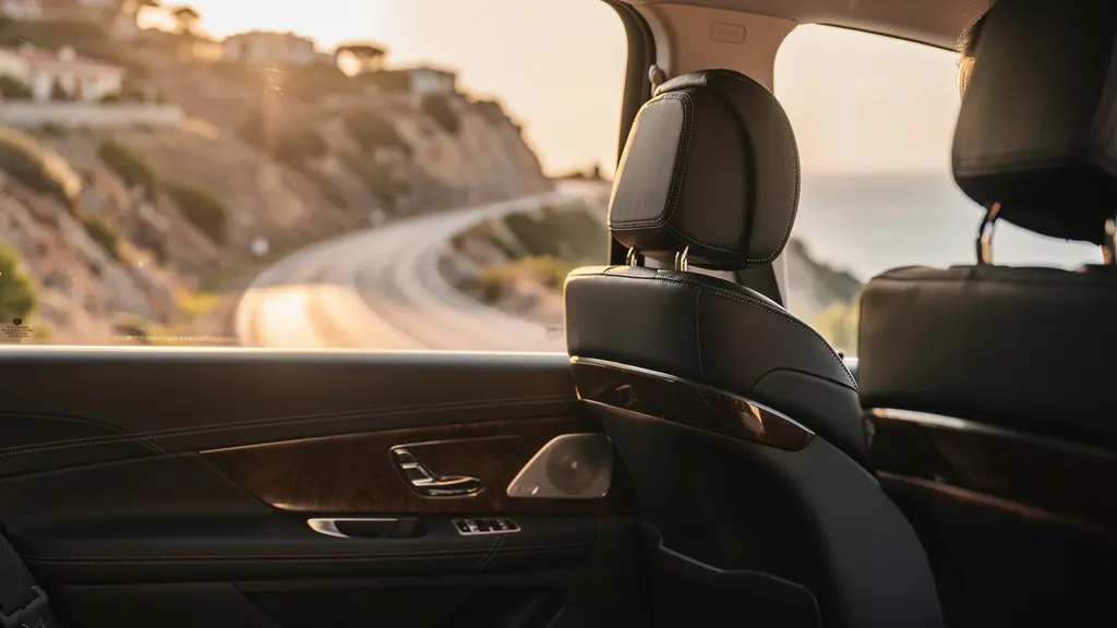 Voyageur élégant dans un véhicule premium avec intérieur luxueux et vue sur une route côtière