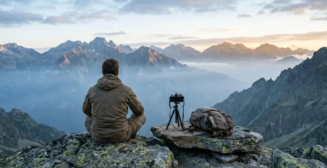 Randonneur contemplant un paysage de montagne avec appareil photo posé à côté