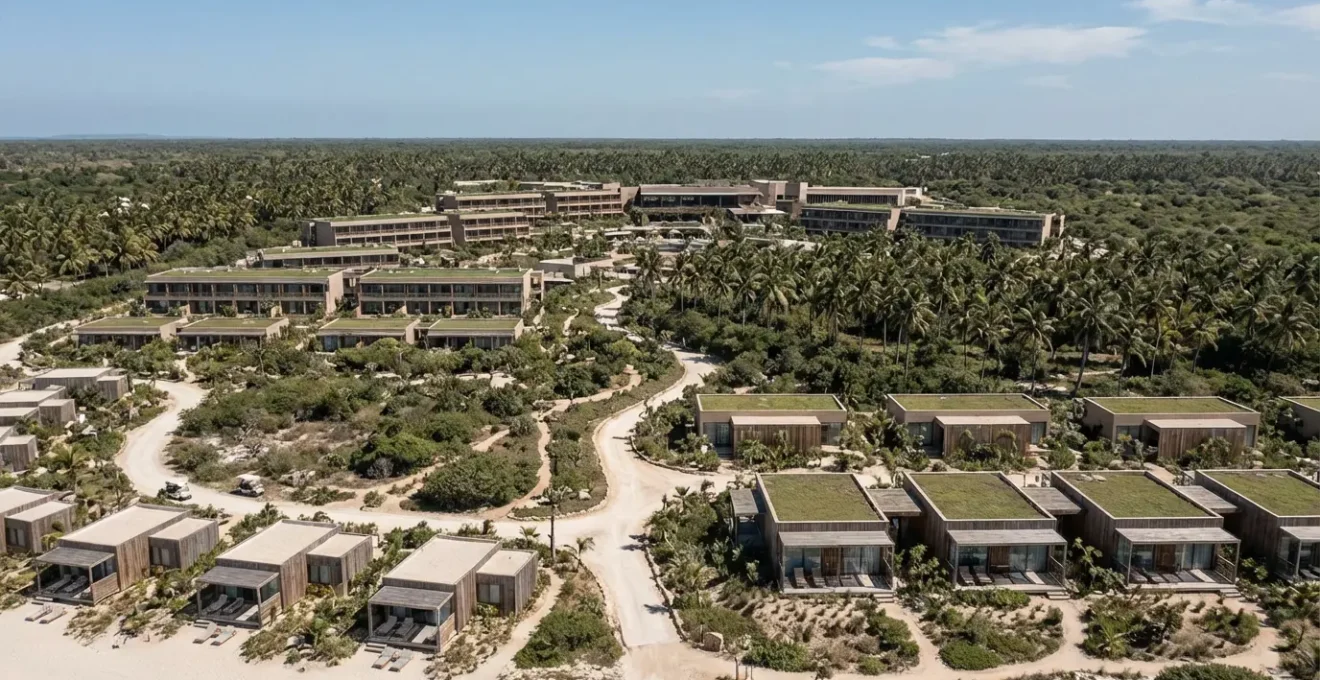 Vue aérienne d'un grand resort montrant les distances entre différents bâtiments et la plage