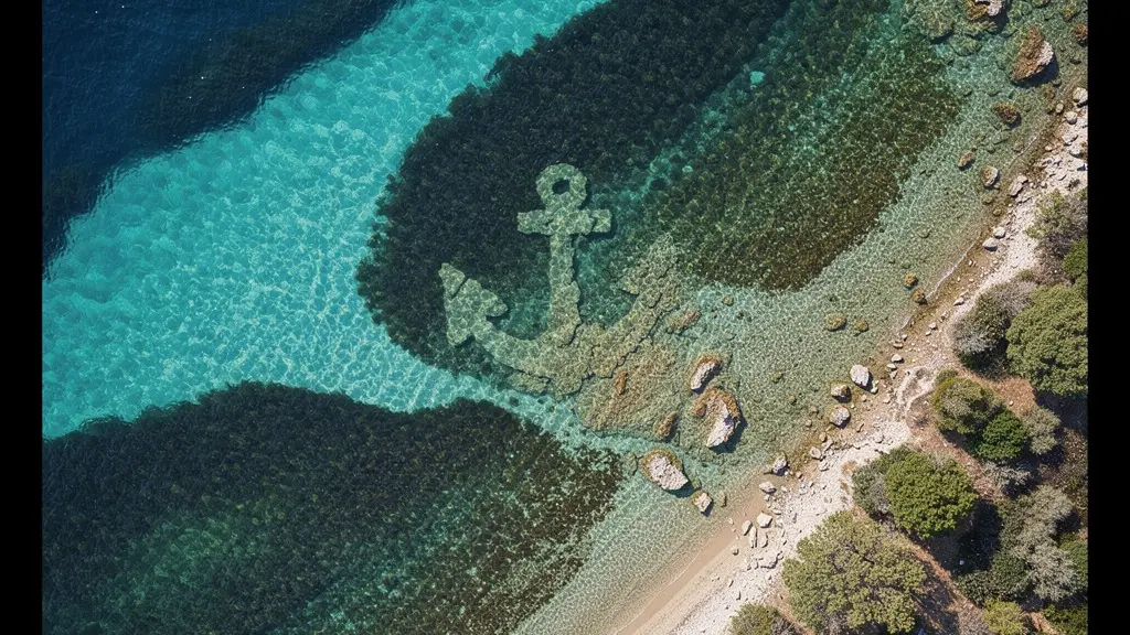 Vue aérienne montrant les différentes nuances de bleu et turquoise révélant les zones de sable et d'herbier