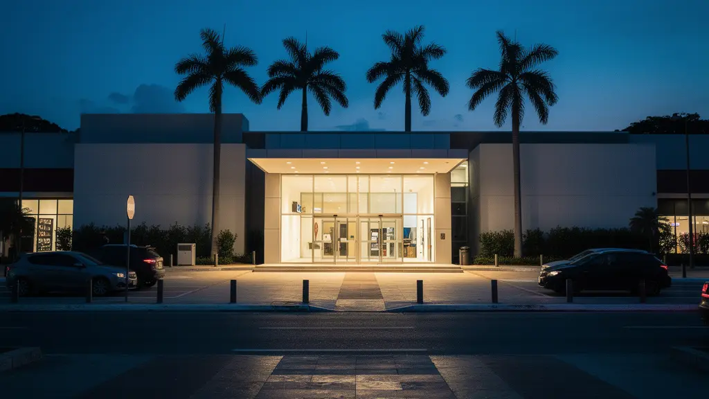 Entrée bien éclairée d'un centre commercial moderne à Saint-Domingue au crépuscule, symbolisant une zone de dépose sûre.